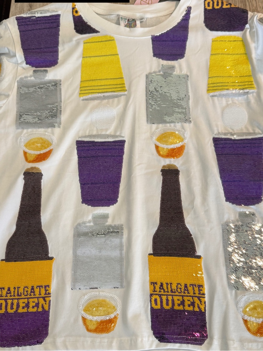 QUEEN OF SPARKLES White Tee with Purple, Yellow & Silver Sequin Bottles